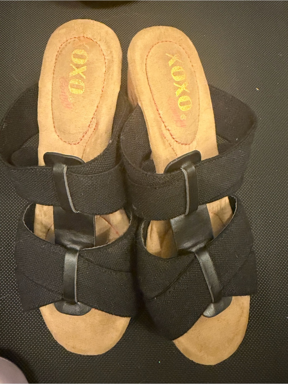 XOXO Black Fabric Slip-On Wedge Mules